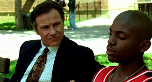 Det. Rocco Klein (Harvey Keitel) and "Strike" Dunham (Mekhi Phifer) in Spike Lee's film adaptation of Clockers